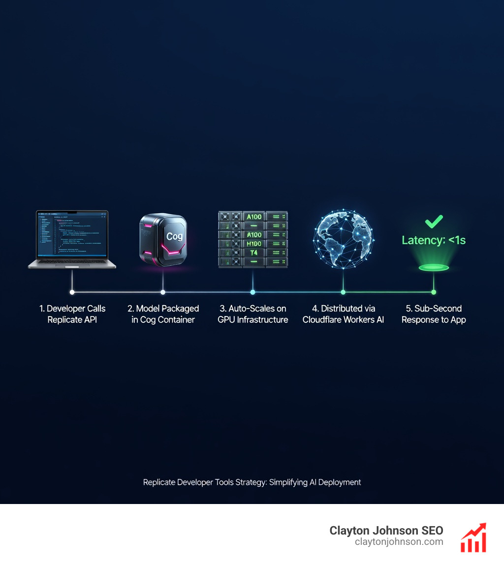Infographic showing the Replicate-to-Cloudflare deployment workflow: 1) Developer writes code calling Replicate API with model name and inputs, 2) Replicate packages model in Cog container with dependencies, 3) Model auto-scales on GPU infrastructure (A100/H100/T4), 4) Cloudflare Workers AI distributes inference to global edge network, 5) Response returns to application with sub-second latency - replicate developer tools strategy infographic 