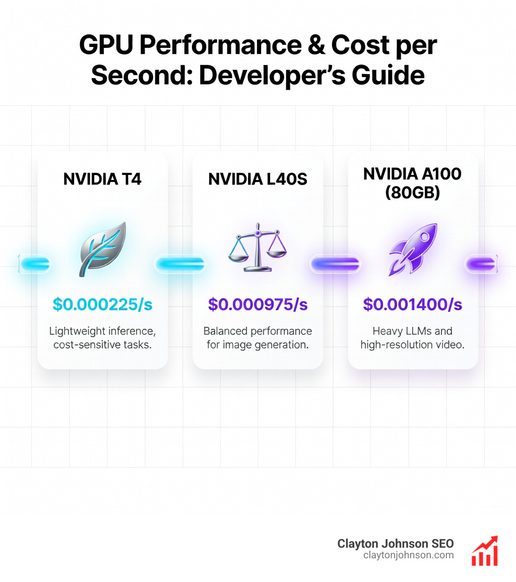 Table comparing GPU performance and cost per second - replicate developer tools strategy infographic 
