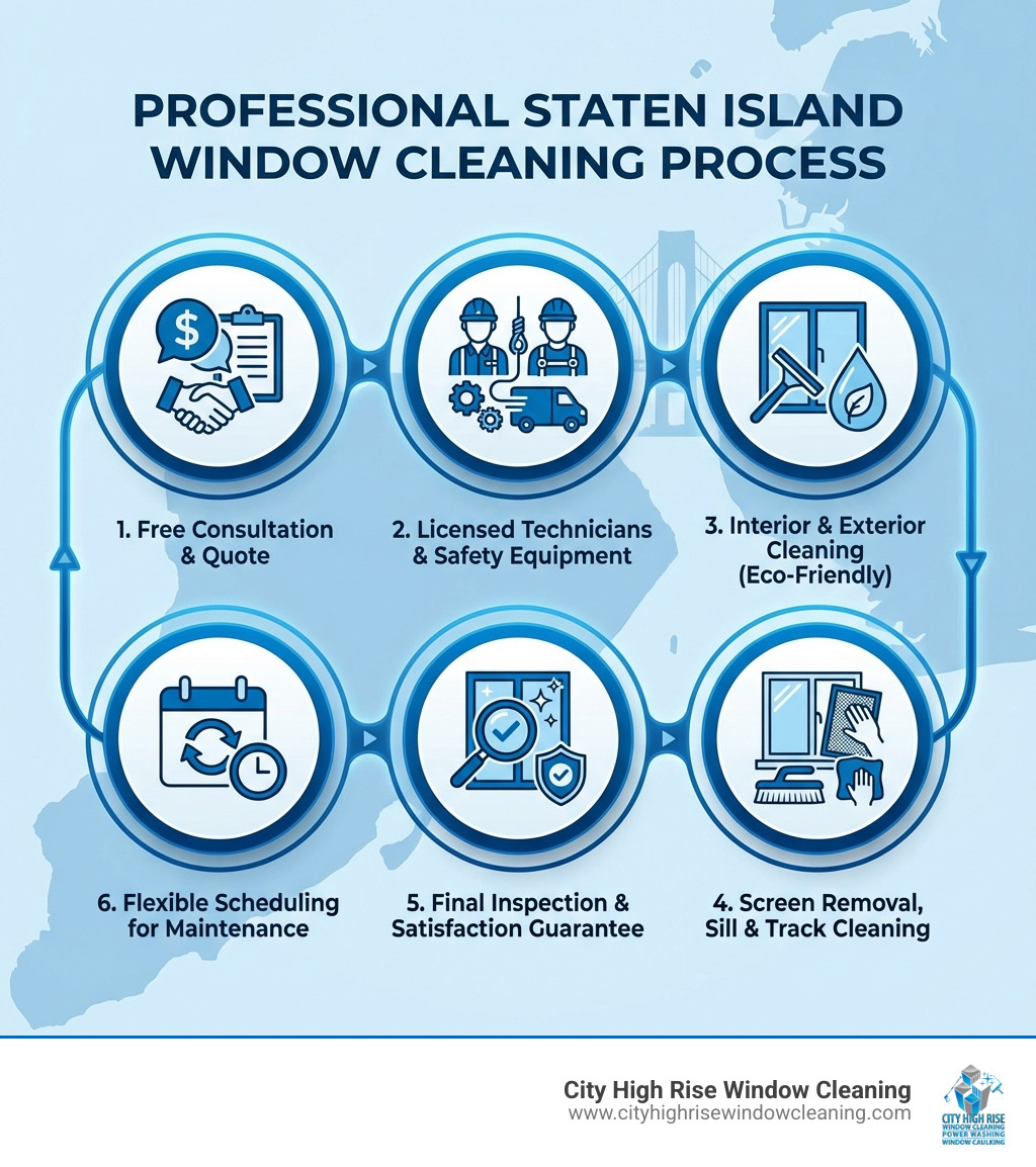 Infographic showing professional Staten Island window cleaning process: 1) Free consultation and quote 2) Licensed technicians arrive with safety equipment 3) Interior and exterior cleaning with eco-friendly solutions 4) Screen removal, sill cleaning, track wiping 5) Final inspection and satisfaction guarantee 6) Flexible scheduling for maintenance programs - Staten Island window cleaning infographic Infographic showing professional Staten Island window cleaning process: 1) Free consultation and quote 2) Licensed technicians arrive with safety equipment 3) Interior and exterior cleaning with eco-friendly solutions 4) Screen removal, sill cleaning, track wiping 5) Final inspection and satisfaction guarantee 6) Flexible scheduling for maintenance programs - Staten Island window cleaning infographic