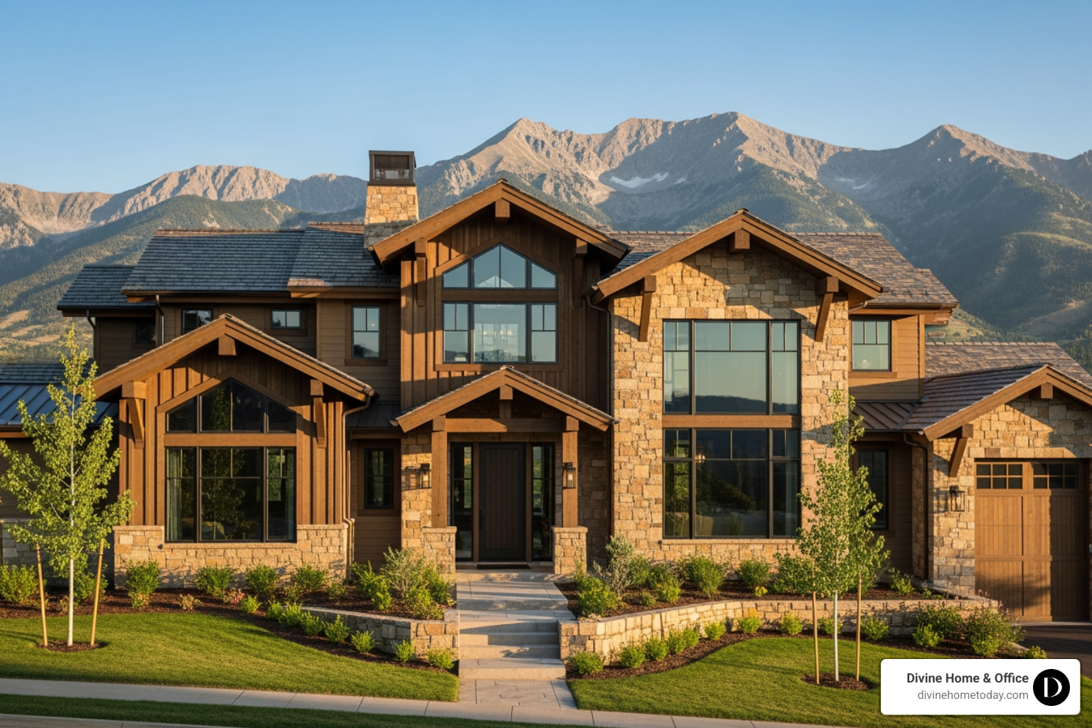million-dollar Colorado mountain home exterior with timber and stone facade - interior designer denver
