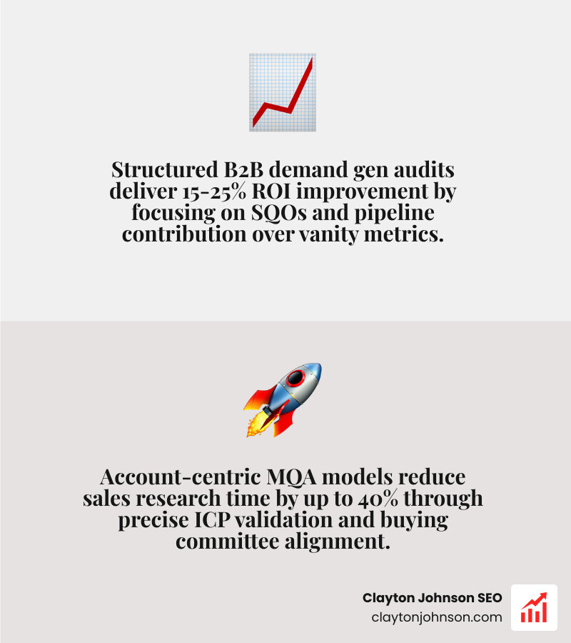 ROI stats showing 15-25% improvement in ROI through structured audits and 30% increase in conversion through AI-driven personalization - B2B demand gen audits infographic 2_facts_emoji_grey
