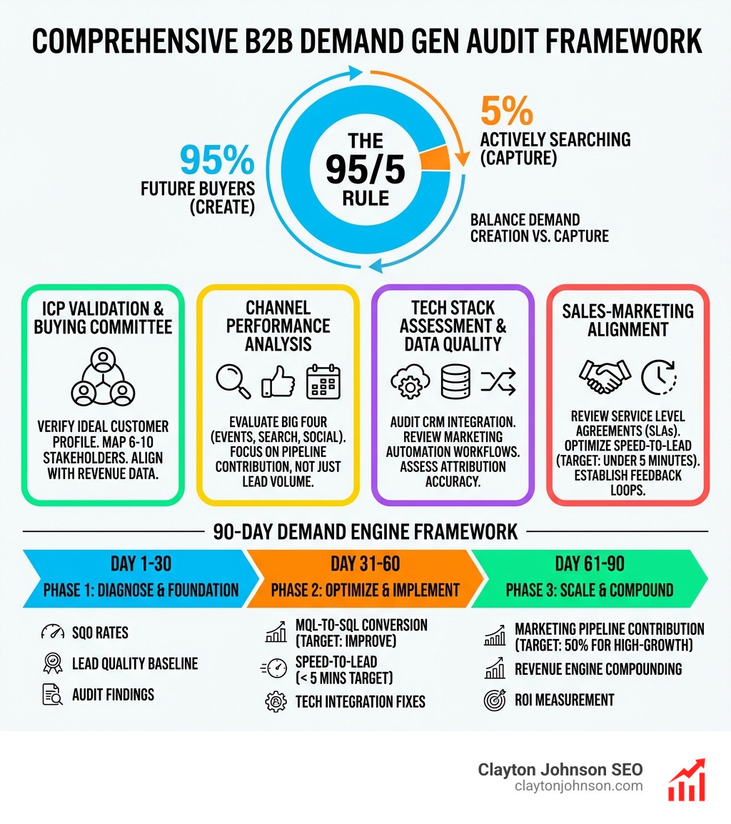 Comprehensive B2B demand gen audit framework showing the 95/5 rule, key audit areas including ICP validation, channel performance, tech stack assessment, and sales-marketing alignment, with metrics for each phase of the 90-day demand engine framework - B2B demand gen audits infographic 