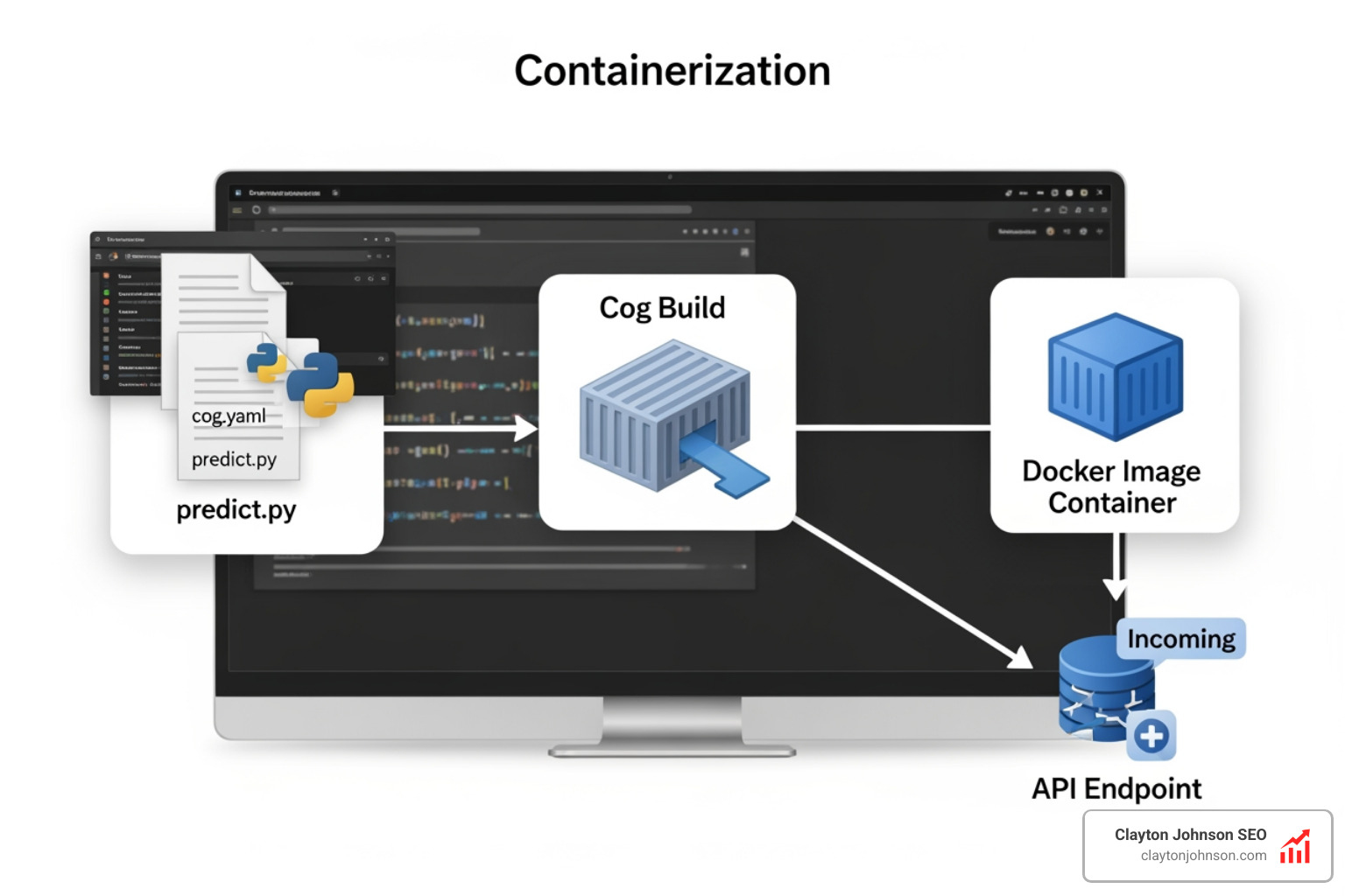 Cog containerization workflow: cog.yaml + predict.py -> Docker Image -> API - replicate developer tools strategy