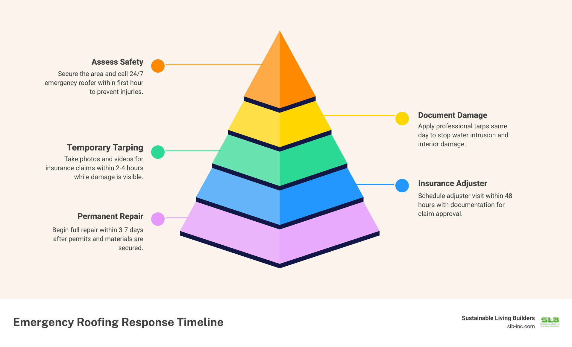 Infographic showing emergency roofing response timeline: Step 1 - Assess safety and call 24/7 emergency roofer within first hour; Step 2 - Document damage with photos for insurance within 2-4 hours; Step 3 - Temporary tarping and leak protection same day; Step 4 - Insurance adjuster visit within 48 hours; Step 5 - Permanent repair begins within 3-7 days depending on permit requirements and material availability - emergency residential roofing in guerneville, ca infographic pyramid-hierarchy-5-steps Infographic showing emergency roofing response timeline: Step 1 - Assess safety and call 24/7 emergency roofer within first hour; Step 2 - Document damage with photos for insurance within 2-4 hours; Step 3 - Temporary tarping and leak protection same day; Step 4 - Insurance adjuster visit within 48 hours; Step 5 - Permanent repair begins within 3-7 days depending on permit requirements and material availability - emergency residential roofing in guerneville, ca infographic pyramid-hierarchy-5-steps