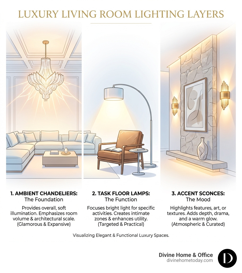 description of luxury living room lighting layers: ambient chandeliers, task floor lamps, and accent sconces - elegant luxury living spaces infographic description of luxury living room lighting layers: ambient chandeliers, task floor lamps, and accent sconces - elegant luxury living spaces infographic