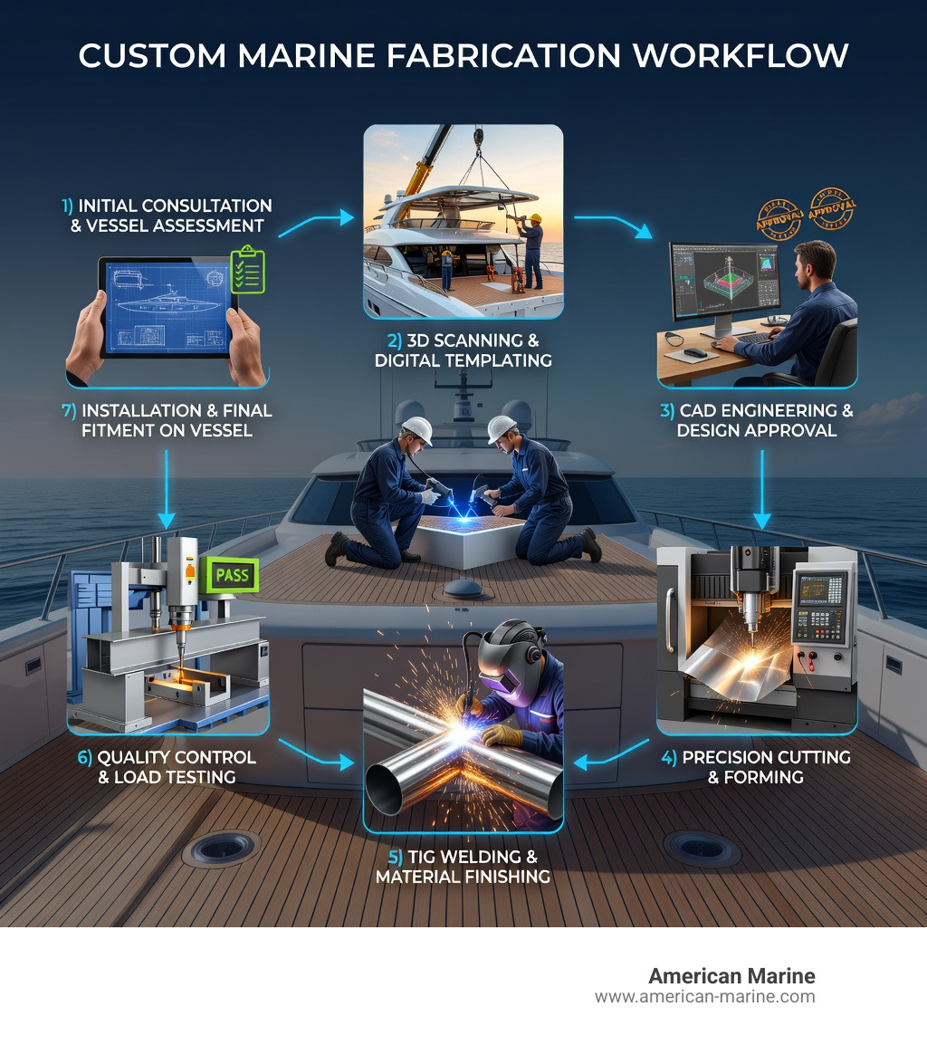Infographic showing the custom marine fabrication workflow: 1) Initial consultation and vessel assessment, 2) 3D scanning and digital templating, 3) CAD engineering and design approval, 4) Precision cutting and forming with CNC equipment, 5) TIG welding and material finishing, 6) Quality control and load testing, 7) Installation and final fitment on vessel - custom marine fabrication infographic 