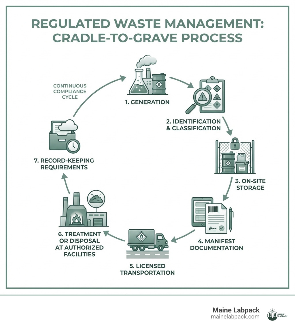 Infographic showing the cradle-to-grave regulated waste management process, including generation, identification and classification, on-site storage, manifest documentation, licensed transportation, treatment or disposal at authorized facilities, and record-keeping requirements - regulated waste management infographic Infographic showing the cradle-to-grave regulated waste management process, including generation, identification and classification, on-site storage, manifest documentation, licensed transportation, treatment or disposal at authorized facilities, and record-keeping requirements - regulated waste management infographic