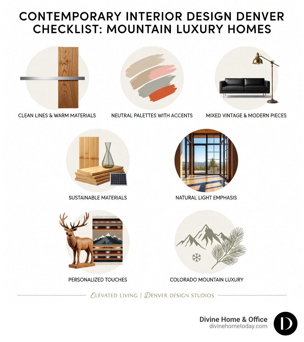 Infographic showing contemporary interior design Denver checklist with icons for clean lines, warm materials, neutral palettes with color accents, mixed vintage and modern pieces, sustainable materials, natural light emphasis, and personalized touches specific to Colorado mountain luxury homes - contemporary interior design Denver infographic Infographic showing contemporary interior design Denver checklist with icons for clean lines, warm materials, neutral palettes with color accents, mixed vintage and modern pieces, sustainable materials, natural light emphasis, and personalized touches specific to Colorado mountain luxury homes - contemporary interior design Denver infographic