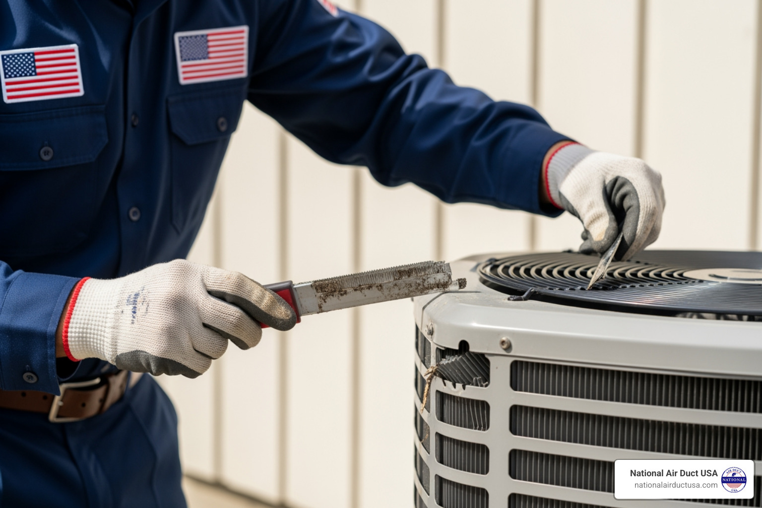 technician inspecting aluminum fins for dirt and damage - clean hvac condenser coils