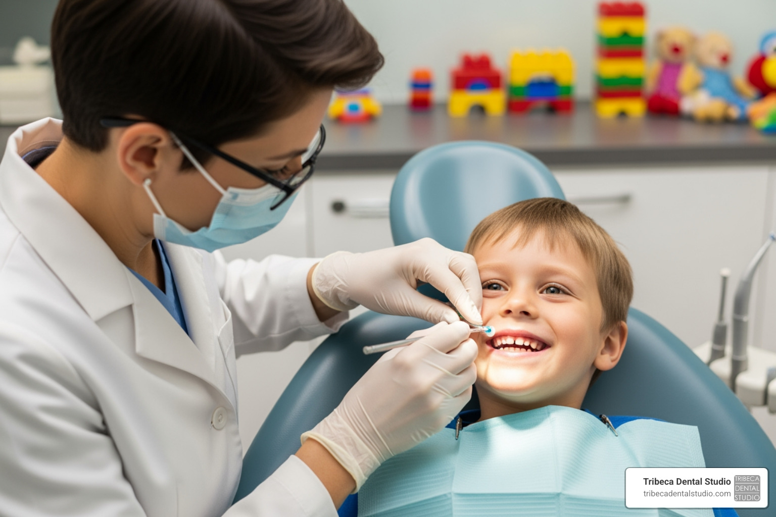 A pediatric dentist applying protective dental sealants to a child's molars to prevent cavities - pediatric dentist near me