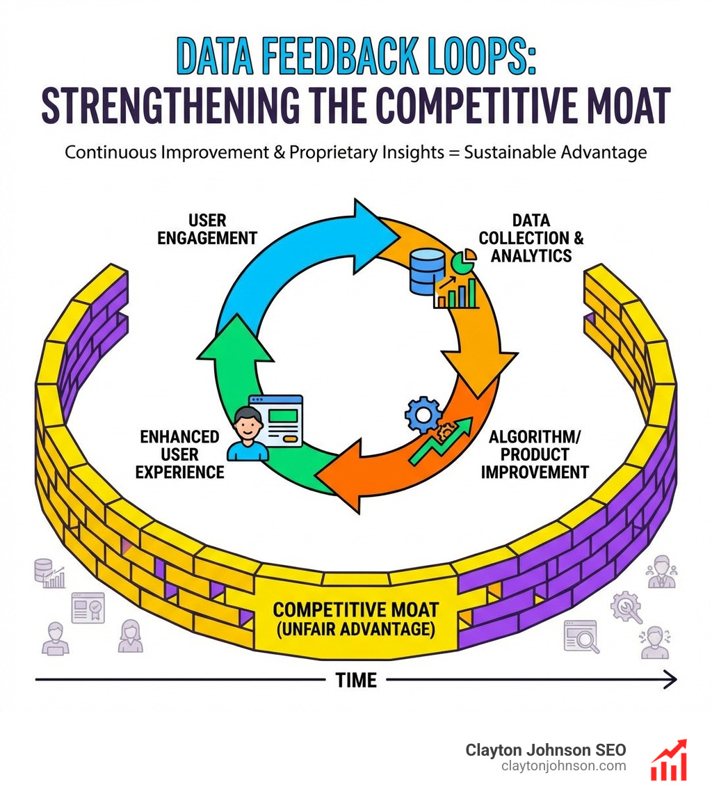 Infographic showing how data feedback loops strengthen a startup's competitive moat over time - Lean Canvas unfair advantage infographic 