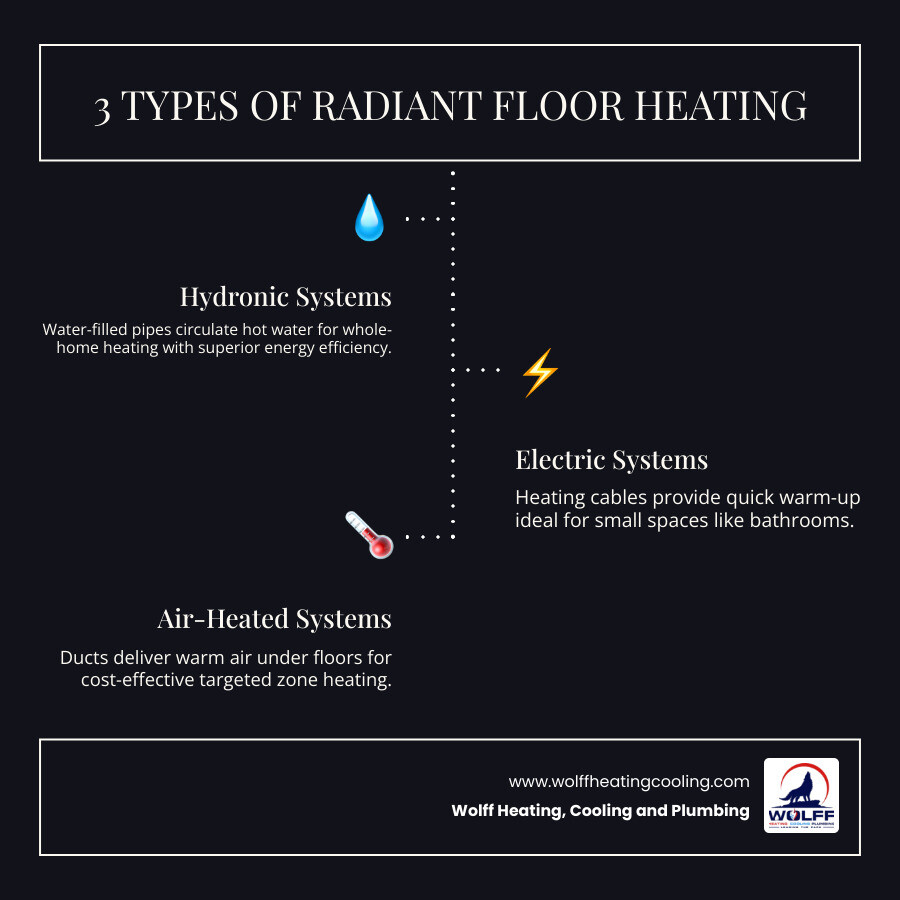 Infographic showing three types of radiant floor heating systems: hydronic systems with water-filled pipes for whole-home heating and energy efficiency, electric systems with heating cables for quick warm-up in small spaces like bathrooms, and air-heated systems using ducts for cost-effective targeted heating. Each system type shows installation method, best applications, and key benefits including even heat distribution, silent operation, and reduced energy costs compared to forced-air systems. - affordable radiant in-floor heating in albuquerque, nm infographic infographic-line-3-steps-dark Infographic showing three types of radiant floor heating systems: hydronic systems with water-filled pipes for whole-home heating and energy efficiency, electric systems with heating cables for quick warm-up in small spaces like bathrooms, and air-heated systems using ducts for cost-effective targeted heating. Each system type shows installation method, best applications, and key benefits including even heat distribution, silent operation, and reduced energy costs compared to forced-air systems. - affordable radiant in-floor heating in albuquerque, nm infographic infographic-line-3-steps-dark