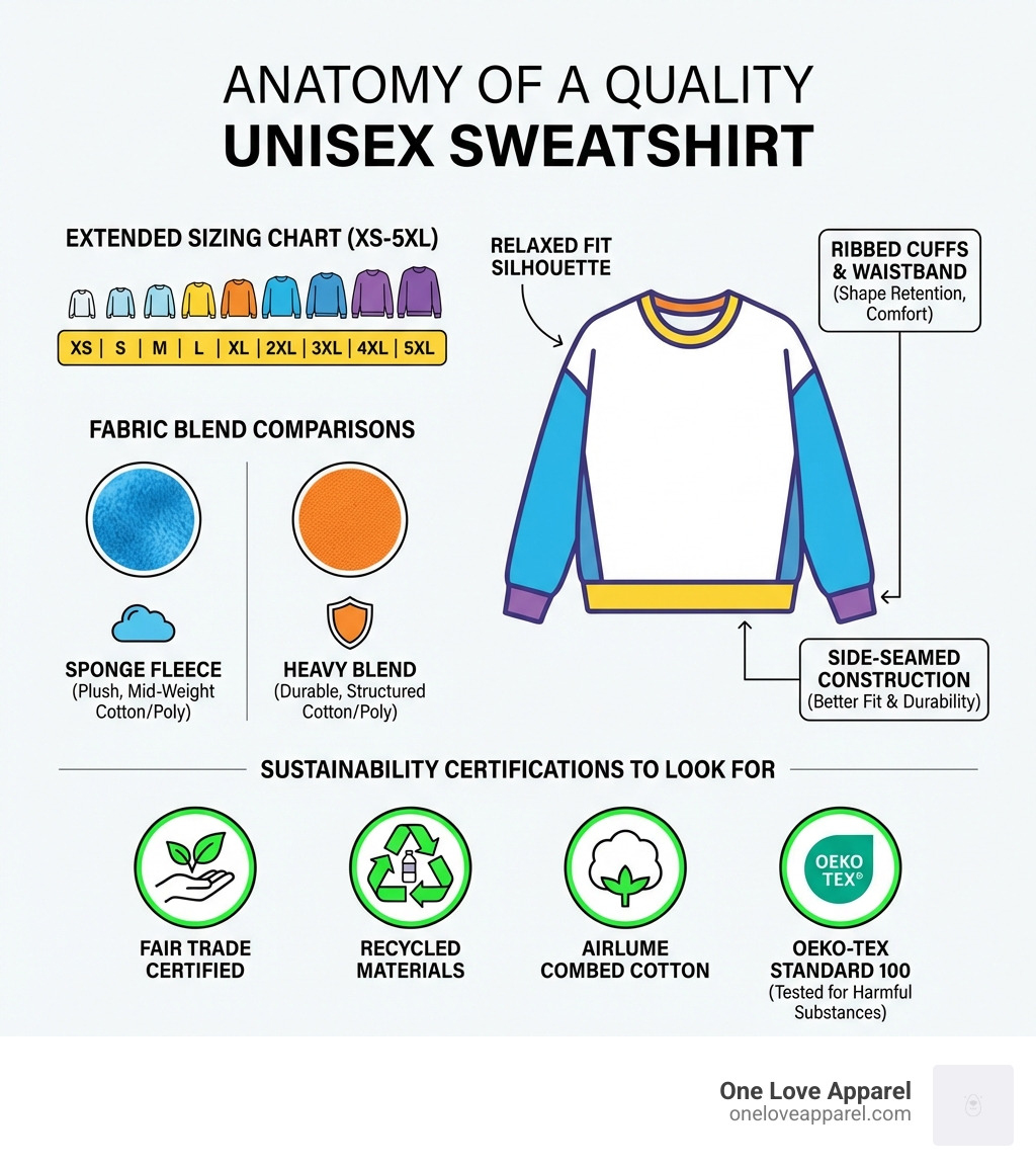 Infographic showing the anatomy of quality unisex sweatshirts including relaxed fit silhouette, extended sizing chart from XS to 5XL, fabric blend comparisons between sponge fleece and heavy blend, key features like ribbed cuffs and side-seamed construction, and sustainability certifications to look for - unisex sweatshirts infographic 