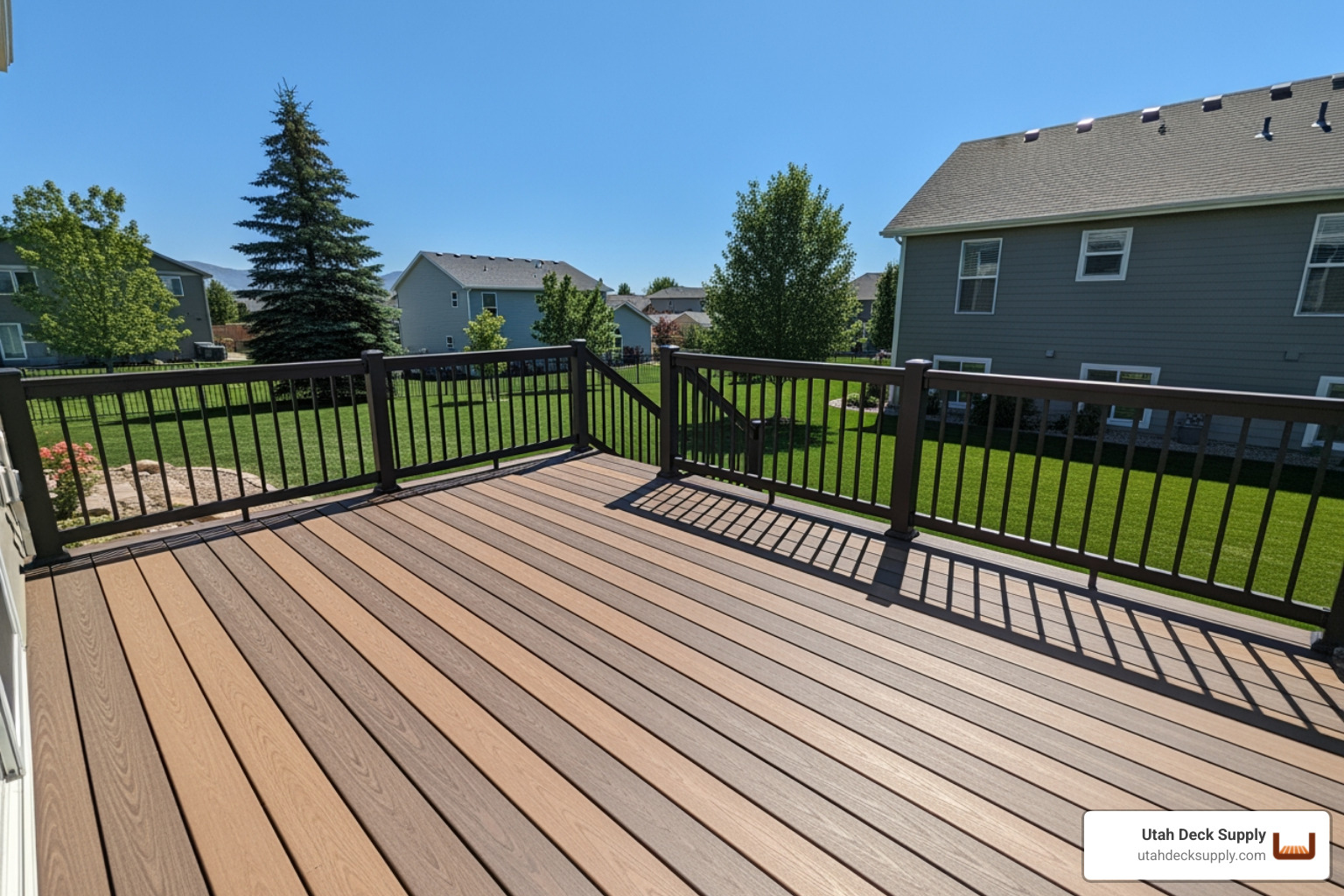 A wide-angle view of a TimberTech deck in Orem, Utah, showcasing the Vintage Collection in Coastline with multi-width boards and a sleek black railing system during a clear afternoon - TimberTech deck materials