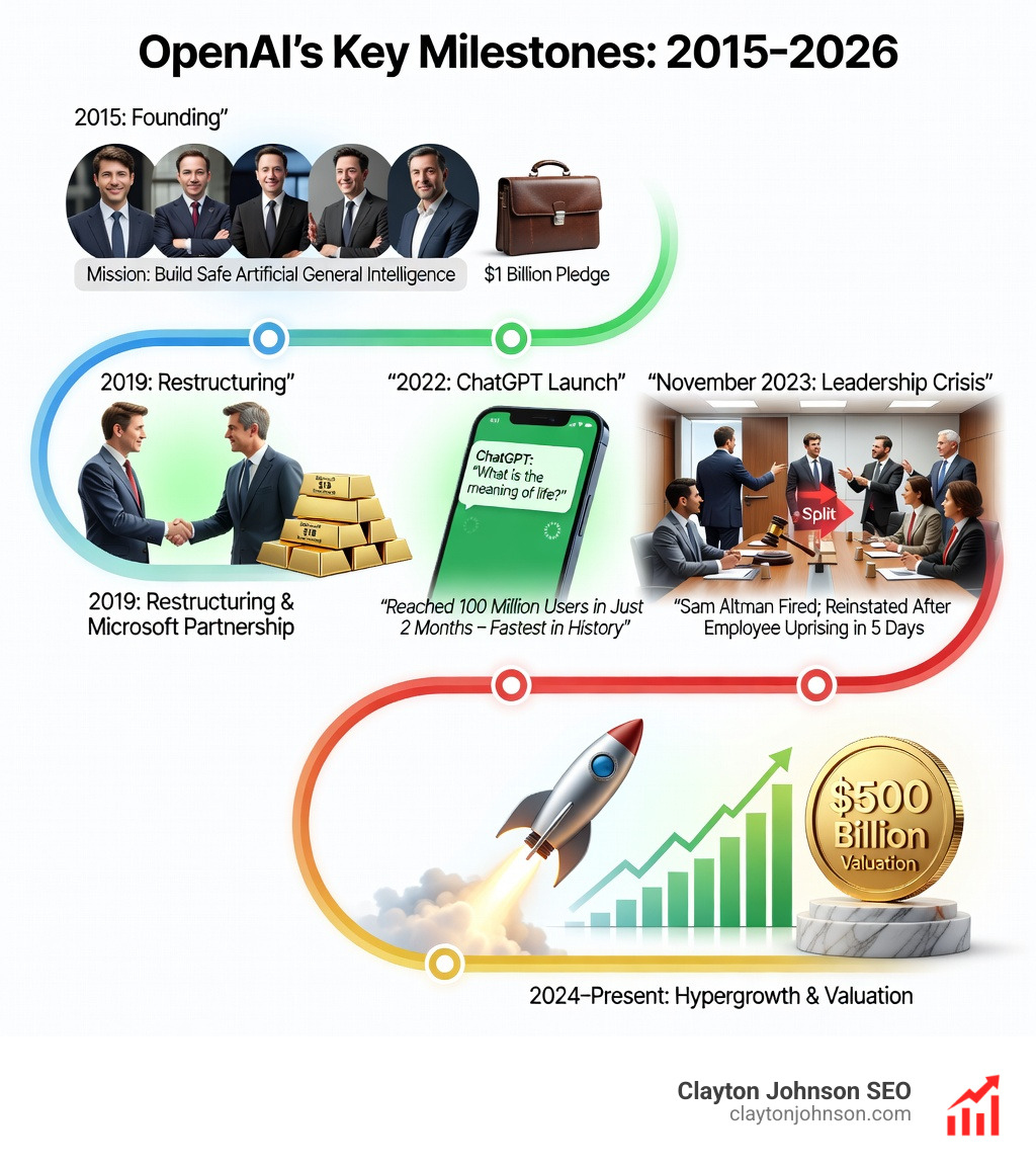 Detailed timeline infographic showing OpenAI's key milestones from 2015 founding through ChatGPT launch, leadership crisis, Microsoft partnership deepening, and current $500B valuation with photos of founders, product screenshots, and funding rounds - open ai history infographic 