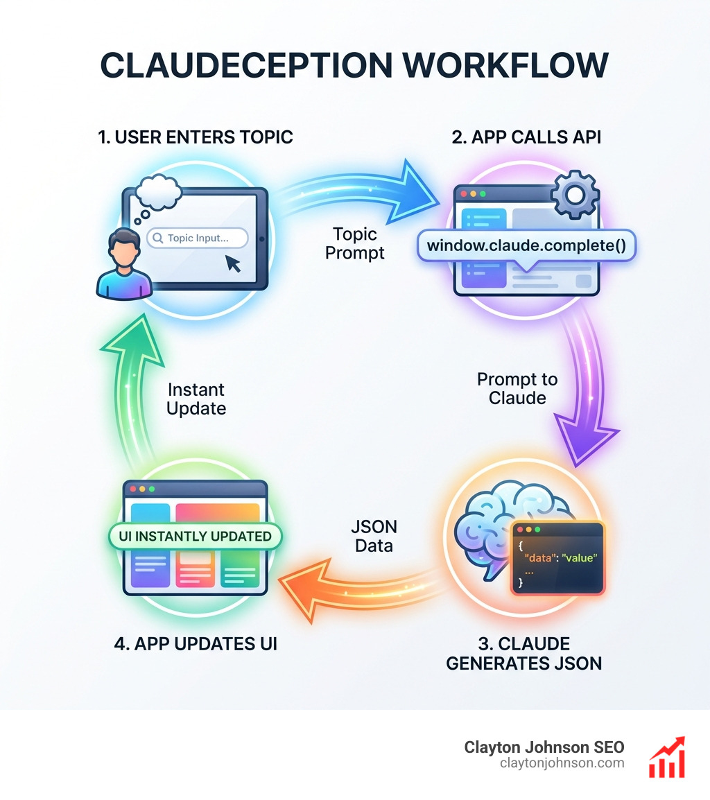 Infographic showing the "Claudeception" workflow: 1. User enters a topic into the Artifact app. 2. The Artifact app uses window.claude.complete() to send a prompt to Claude. 3. Claude generates a JSON response. 4. The Artifact app parses the JSON and updates the UI instantly. - Create Claude Artifacts apps infographic 