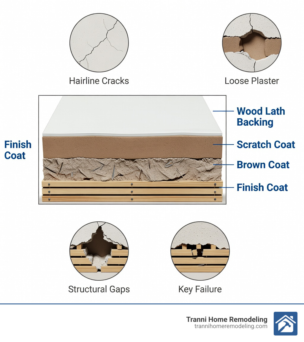 detailed infographic showing cross-section of lath and plaster wall construction with labeled layers including wood lath backing, scratch coat, brown coat, and finish coat, plus common damage types like hairline cracks, loose plaster, and structural gaps - Home plaster repair infographic detailed infographic showing cross-section of lath and plaster wall construction with labeled layers including wood lath backing, scratch coat, brown coat, and finish coat, plus common damage types like hairline cracks, loose plaster, and structural gaps - Home plaster repair infographic