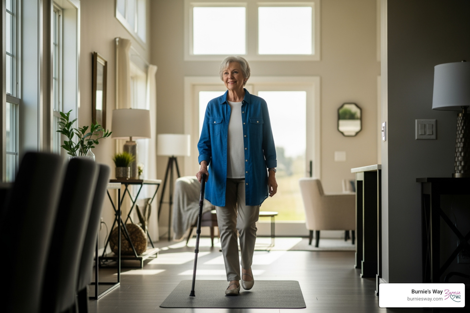 senior walking confidently in well-lit home - fall prevention seniors senior walking confidently in well-lit home - fall prevention seniors