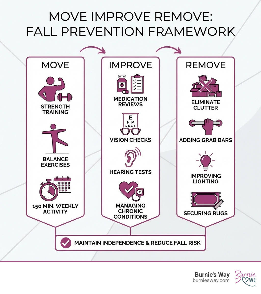 Infographic showing the Move Improve Remove fall prevention framework: Move includes strength training, balance exercises, and 150 minutes weekly activity; Improve includes medication reviews, vision checks, hearing tests, and managing chronic conditions; Remove includes eliminating clutter, adding grab bars, improving lighting, and securing rugs - fall prevention seniors infographic Infographic showing the Move Improve Remove fall prevention framework: Move includes strength training, balance exercises, and 150 minutes weekly activity; Improve includes medication reviews, vision checks, hearing tests, and managing chronic conditions; Remove includes eliminating clutter, adding grab bars, improving lighting, and securing rugs - fall prevention seniors infographic