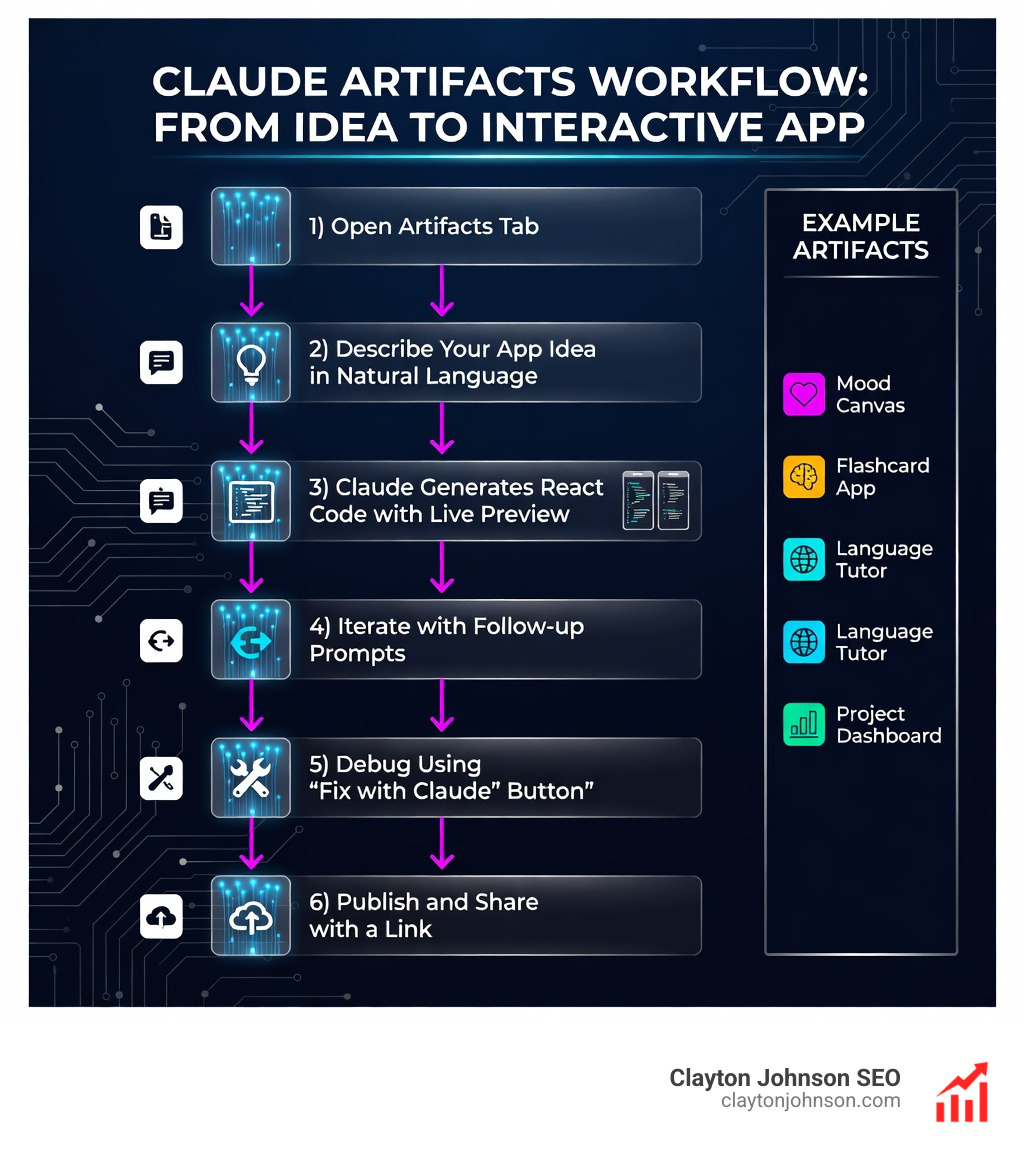 Infographic showing the Claude Artifacts workflow: 1) Open Artifacts tab in sidebar, 2) Describe your app idea in natural language, 3) Claude generates React code with live preview, 4) Iterate with follow-up prompts, 5) Debug using "Fix with Claude" button, 6) Publish and share with a link. Side panel shows examples: mood canvas, flashcard app, language tutor, project dashboard - Create Claude Artifacts apps infographic 