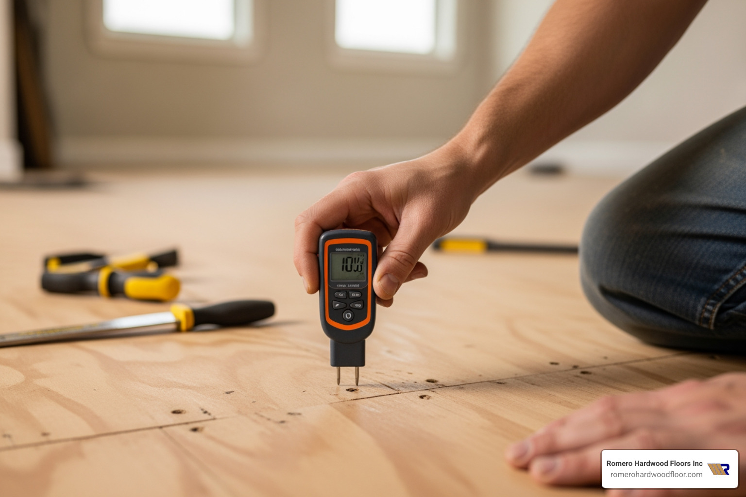 moisture meter testing a plywood subfloor - Prefinished hardwood floor installation moisture meter testing a plywood subfloor - Prefinished hardwood floor installation