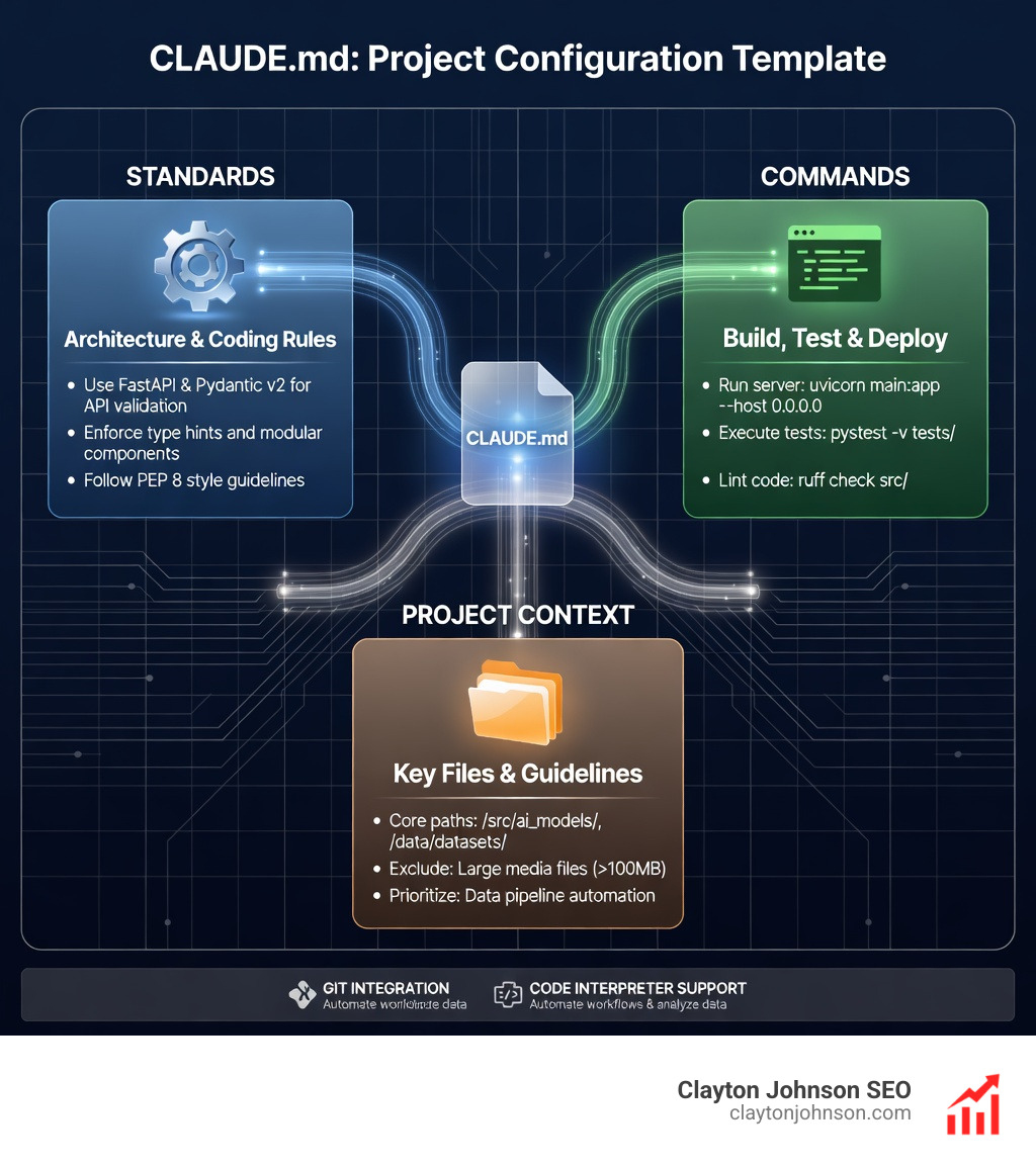 infographic of a CLAUDE.md template showing sections for standards, commands, and project context - Claude for Python coding infographic 