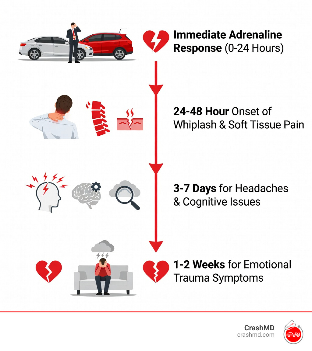 infographic showing timeline of delayed symptoms after accident with icons for immediate adrenaline response, 24-48 hour onset of whiplash and soft tissue pain, 3-7 days for headaches and cognitive issues, and 1-2 weeks for emotional trauma symptoms - Symptoms after accident infographic infographic showing timeline of delayed symptoms after accident with icons for immediate adrenaline response, 24-48 hour onset of whiplash and soft tissue pain, 3-7 days for headaches and cognitive issues, and 1-2 weeks for emotional trauma symptoms - Symptoms after accident infographic