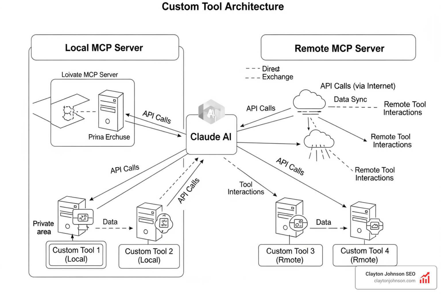 custom tool architecture diagram showing Claude connecting to local and remote MCP servers - Claude for Python coding