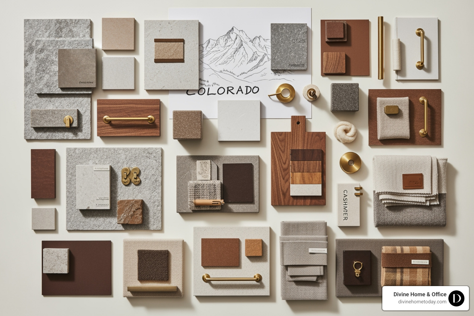 Curated mood board with warm mountain palettes, stone samples, and walnut wood swatches - Full service design Denver