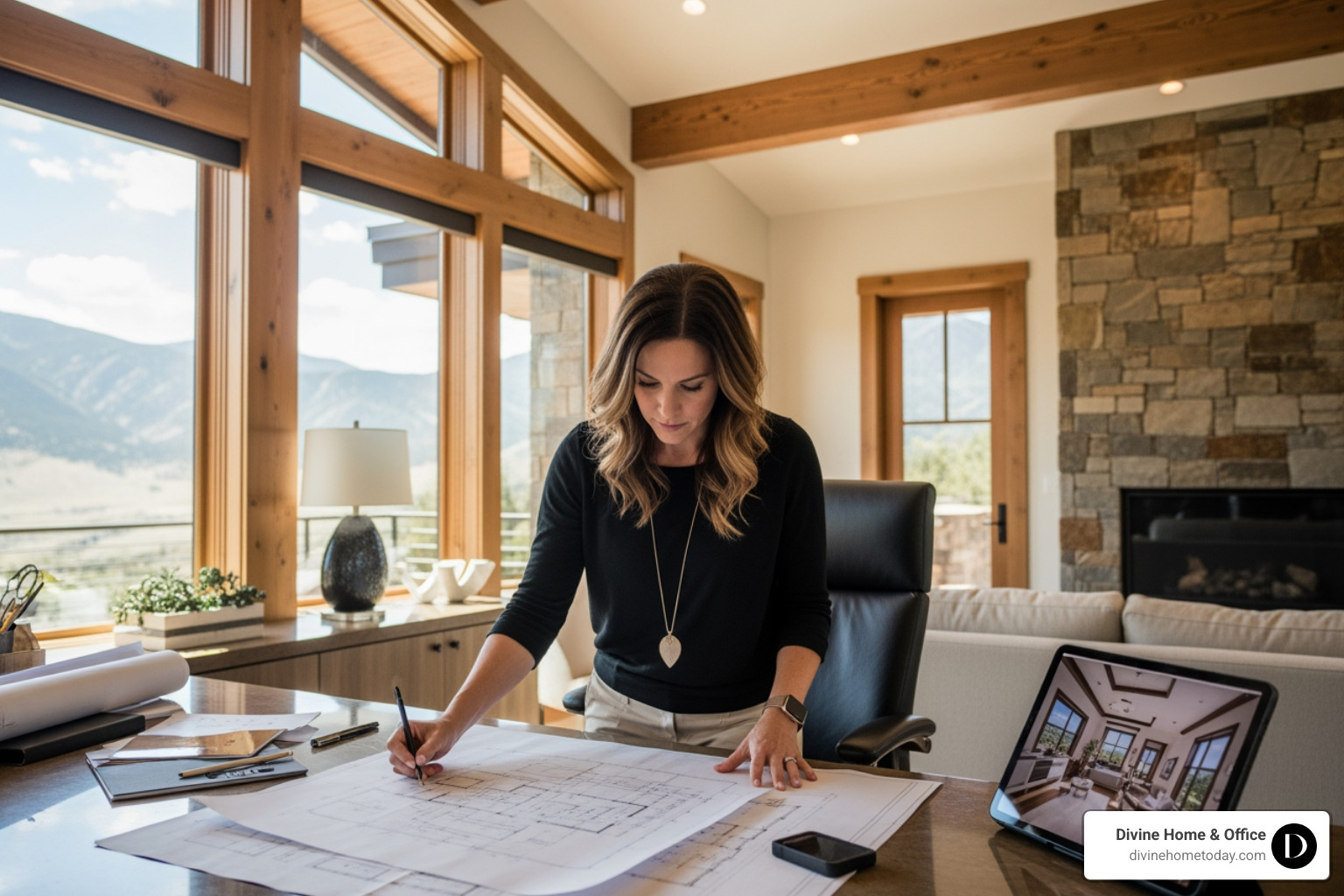 Designer reviewing architectural plans for a luxury Denver home with natural wood and stone accents - Full service design Denver