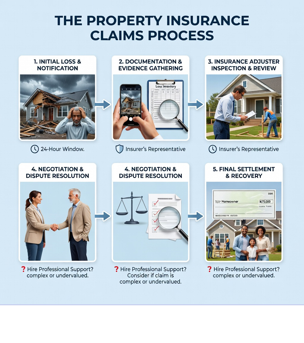 infographic showing the property insurance claims process from initial loss through documentation, adjuster inspection, negotiation, and final settlement with key milestones and decision points for hiring professional support - Insurance claim support infographic infographic showing the property insurance claims process from initial loss through documentation, adjuster inspection, negotiation, and final settlement with key milestones and decision points for hiring professional support - Insurance claim support infographic