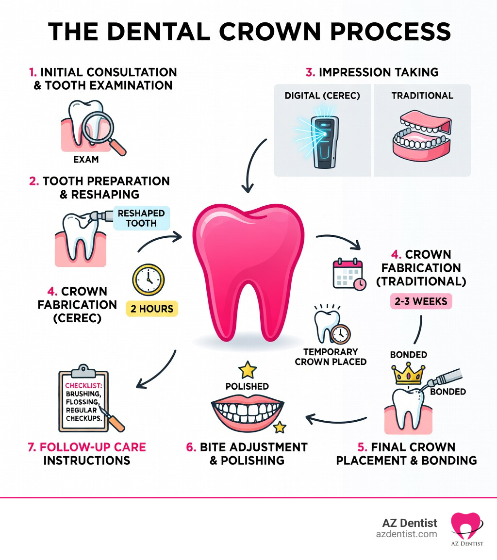 Infographic showing the dental crown process: Initial consultation and tooth examination, tooth preparation and reshaping, digital or traditional impression taking, crown fabrication (2 hours for CEREC or 2-3 weeks for traditional), temporary crown placement if needed, final crown placement and bonding, bite adjustment and polishing, follow-up care instructions - dental crown reviews infographic 