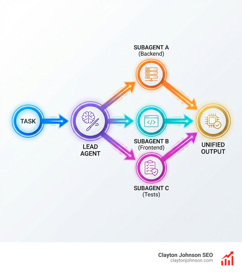 Infographic detailing the multi-agent orchestration process: Task -> Lead Agent -> Subagent A (Backend), Subagent B (Frontend), Subagent C (Tests) -> Unified Output - Claude AI code generation infographic 