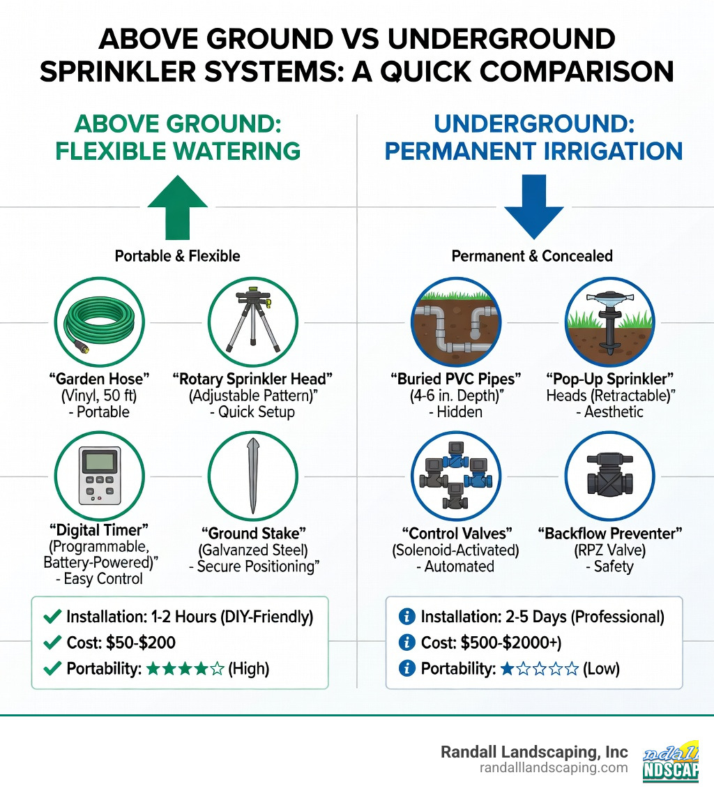 Infographic comparing above ground vs underground sprinkler system components including hoses, portable heads, timers and stakes for above ground versus buried pipes, pop-up heads, control valves and backflow preventers for underground systems, with installation time, cost ranges and portability ratings - above ground garden sprinkler systems infographic Infographic comparing above ground vs underground sprinkler system components including hoses, portable heads, timers and stakes for above ground versus buried pipes, pop-up heads, control valves and backflow preventers for underground systems, with installation time, cost ranges and portability ratings - above ground garden sprinkler systems infographic