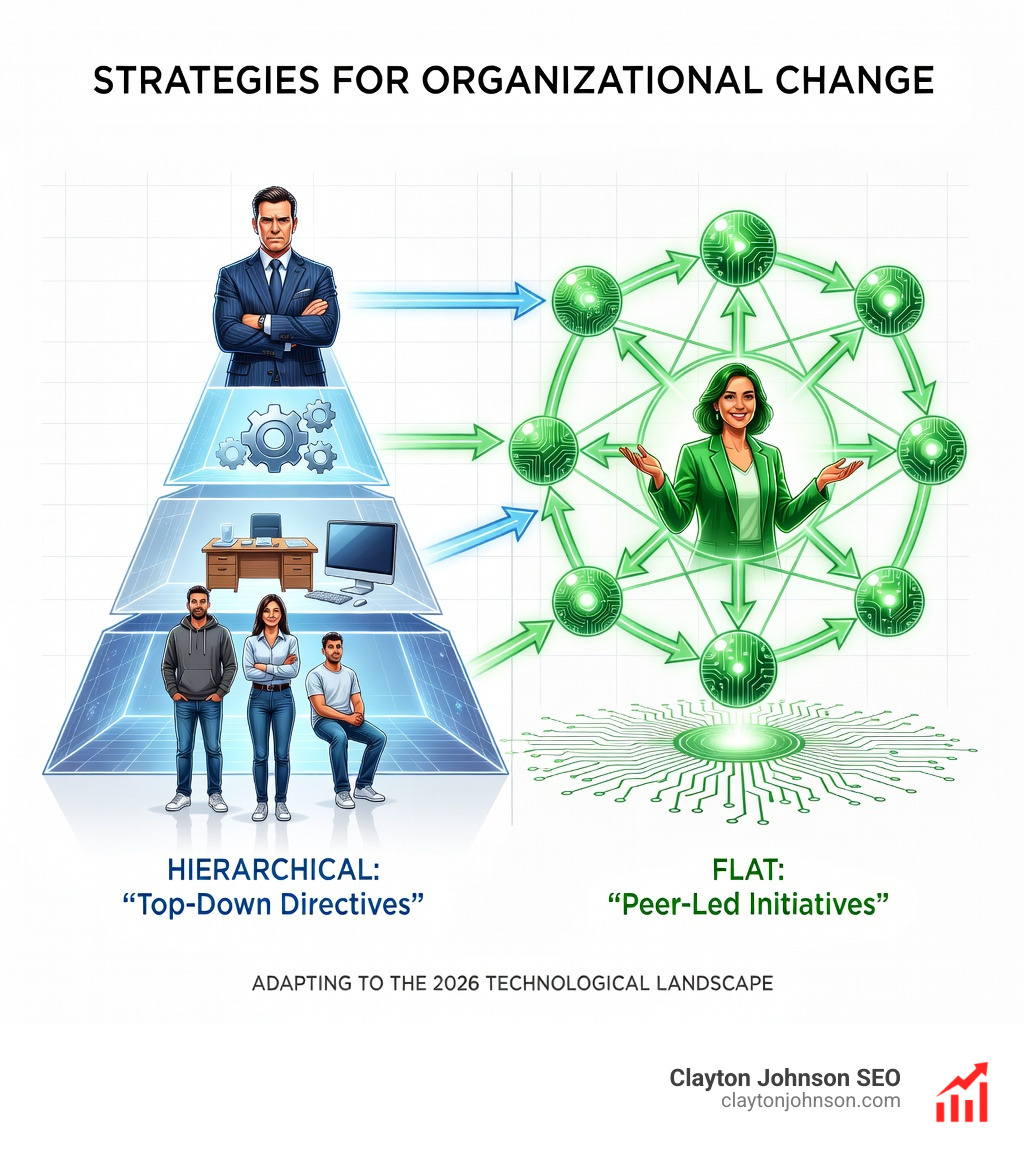 infographic comparing hierarchical vs flat organizational change strategies showing leaders at the top of a pyramid for hierarchies and interconnected nodes for flat structures - Change Management & Organizational Adaptability infographic infographic comparing hierarchical vs flat organizational change strategies showing leaders at the top of a pyramid for hierarchies and interconnected nodes for flat structures - Change Management & Organizational Adaptability infographic