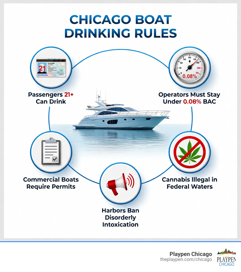 infographic showing Chicago boat drinking rules: passengers can drink if 21+, operators must stay under 0.08% BAC, commercial boats need permits, cannabis is illegal in federal waters, and harbors prohibit disorderly intoxication - can you drink on boats in chicago infographic 
