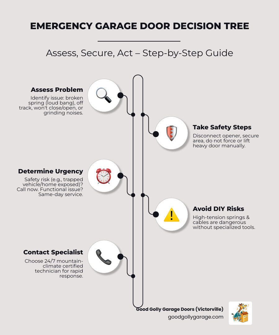 Infographic showing emergency garage door maintenance decision tree: assess the problem (broken spring, off track, won't close, strange noise), take immediate safety steps (disconnect opener, secure area, do not force door), determine urgency level (safety risk = call now, functional issue = same day service, minor problem = schedule routine maintenance), and contact certified mountain-climate garage door specialist with 24/7 availability - emergency garage door maintenance in running springs ca infographic infographic-line-5-steps-elegant_beige Infographic showing emergency garage door maintenance decision tree: assess the problem (broken spring, off track, won't close, strange noise), take immediate safety steps (disconnect opener, secure area, do not force door), determine urgency level (safety risk = call now, functional issue = same day service, minor problem = schedule routine maintenance), and contact certified mountain-climate garage door specialist with 24/7 availability - emergency garage door maintenance in running springs ca infographic infographic-line-5-steps-elegant_beige