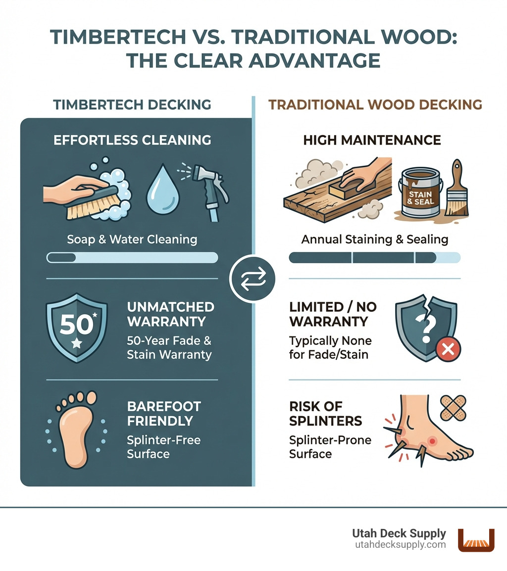 Infographic comparing TimberTech materials to traditional wood, highlighting that TimberTech requires only soap and water cleaning versus annual staining, offers 50-year fade and stain warranties versus none for wood, and remains splinter-free for bare feet - TimberTech deck materials infographic 