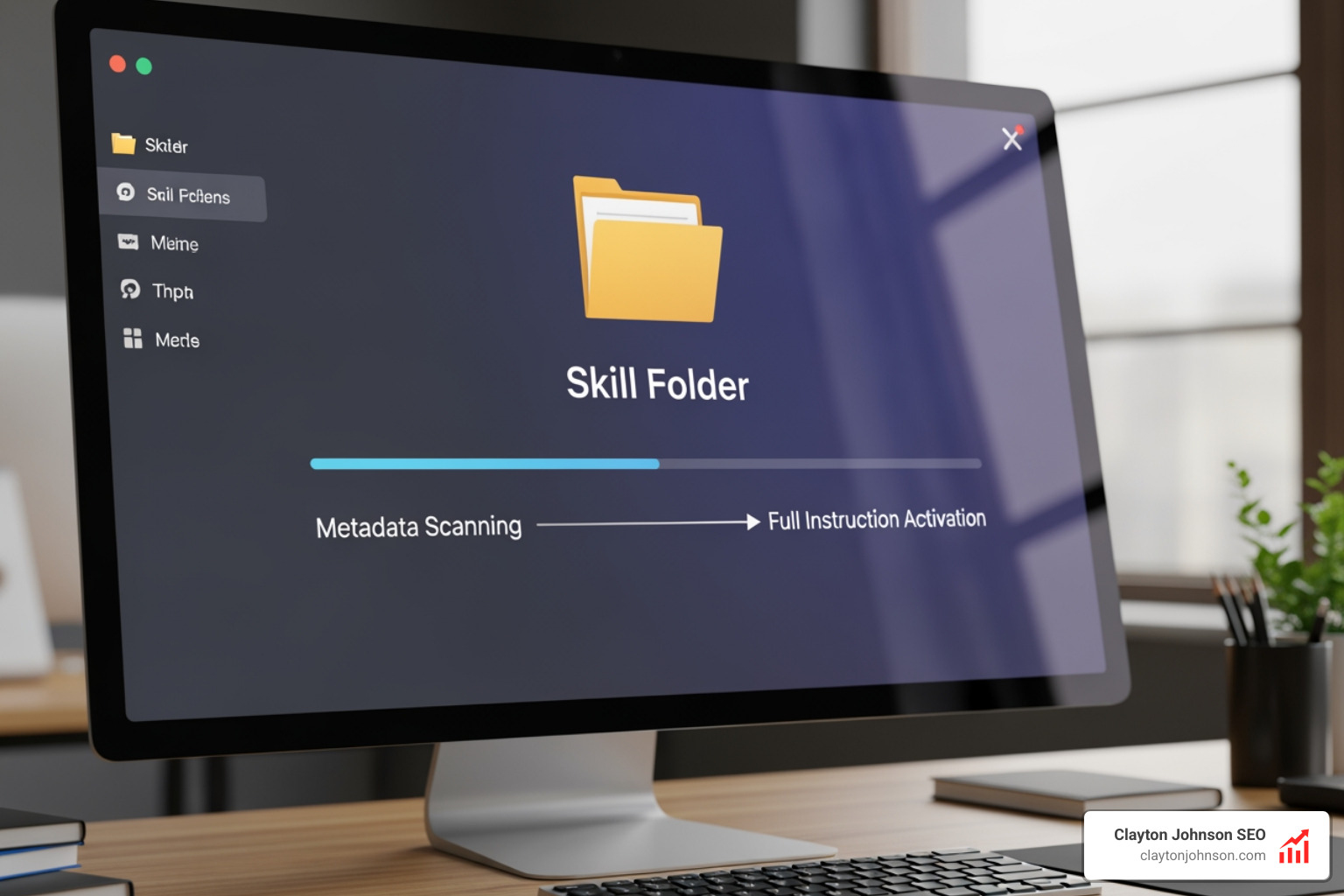 An image showing Claude AI dynamically loading a skill folder, with a progress bar indicating the transition from metadata scanning to full instruction activation - Claude AI skills