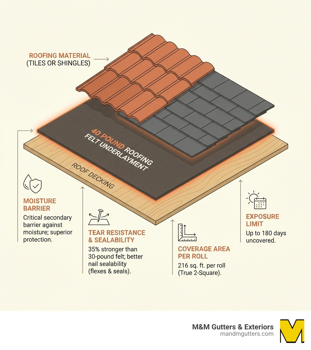 Infographic showing the layers of a residential roof system from bottom to top: roof decking, 40 pound roofing felt underlayment layer, roofing material (tiles or shingles), with callouts indicating moisture barrier, tear resistance specifications, coverage area per roll, and exposure limits - 40 pound roofing felt infographic Infographic showing the layers of a residential roof system from bottom to top: roof decking, 40 pound roofing felt underlayment layer, roofing material (tiles or shingles), with callouts indicating moisture barrier, tear resistance specifications, coverage area per roll, and exposure limits - 40 pound roofing felt infographic