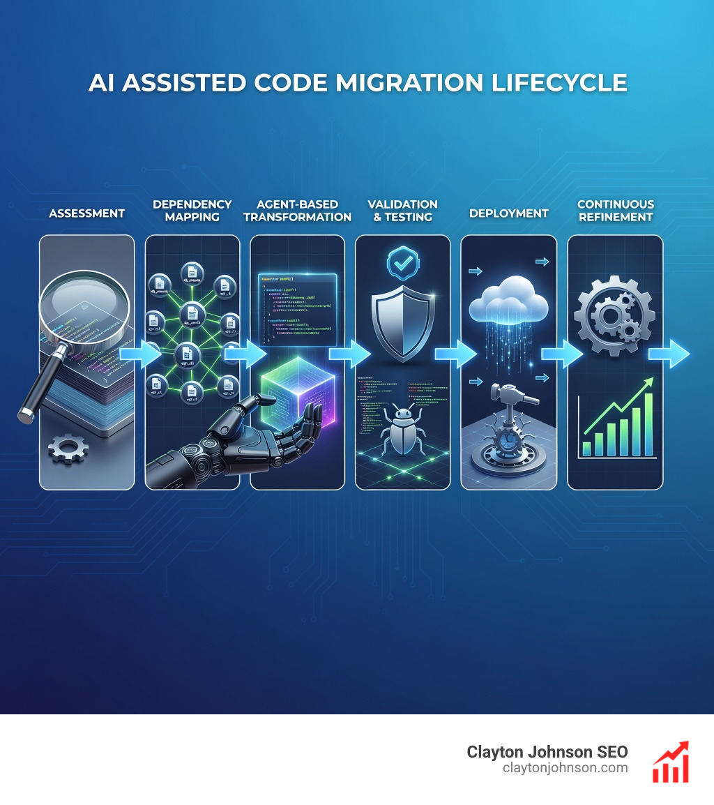 AI Assisted Code Migration Lifecycle: Assessment → Dependency Mapping → Agent-Based Transformation → Validation & Testing → Deployment → Continuous Refinement - ai assisted code migration infographic 