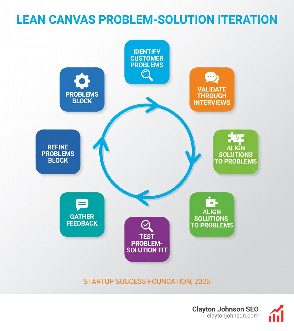 infographic showing the iterative loop: identify customer problems, validate through interviews, align solutions to problems, test problem-solution fit, gather feedback, refine problems block - Lean Canvas problem solution infographic infographic showing the iterative loop: identify customer problems, validate through interviews, align solutions to problems, test problem-solution fit, gather feedback, refine problems block - Lean Canvas problem solution infographic