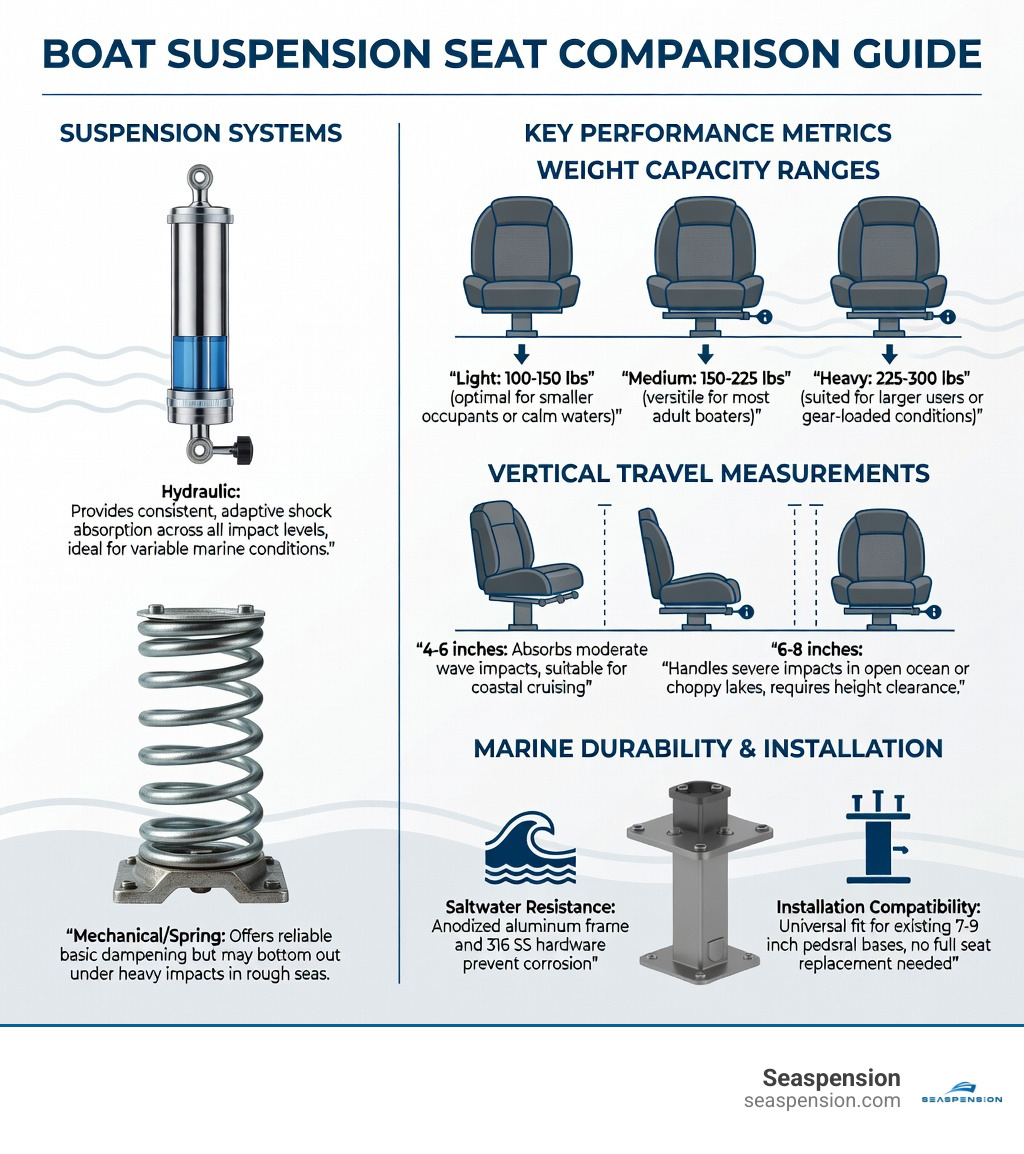 infographic showing comparison of suspension seat features including hydraulic vs mechanical systems, weight capacity ranges, vertical travel measurements, material specifications for saltwater resistance, and installation compatibility considerations - best boat suspension seats infographic 