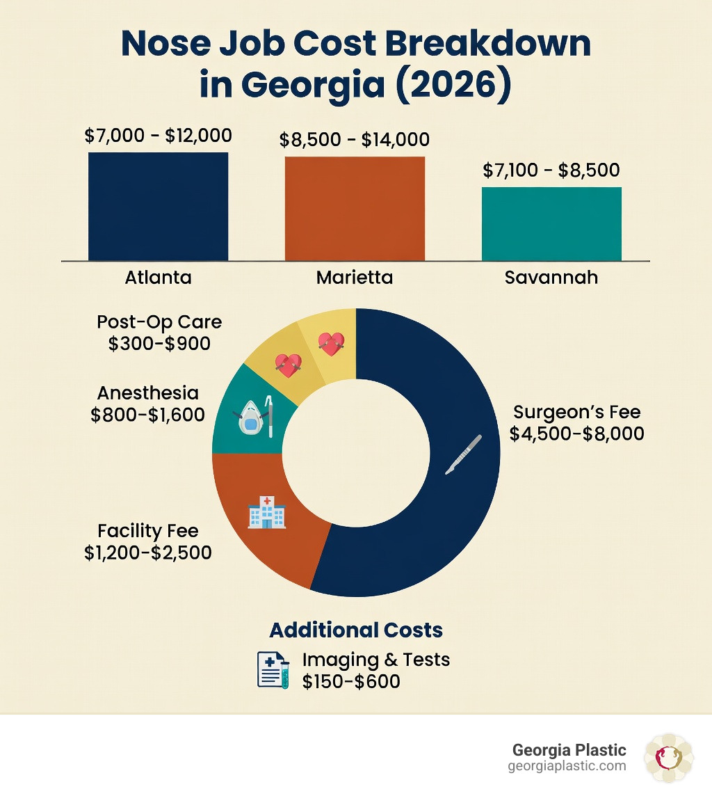 Infographic showing the breakdown of nose job costs in Georgia: surgeon fees ranging $4,500-$8,000, anesthesia costs $800-$1,600, facility fees $1,200-$2,500, post-operative care $300-$900, with additional costs for imaging and tests $150-$600, and comparison of average total costs across Atlanta, Marietta, and Savannah - nose job cost in georgia infographic 