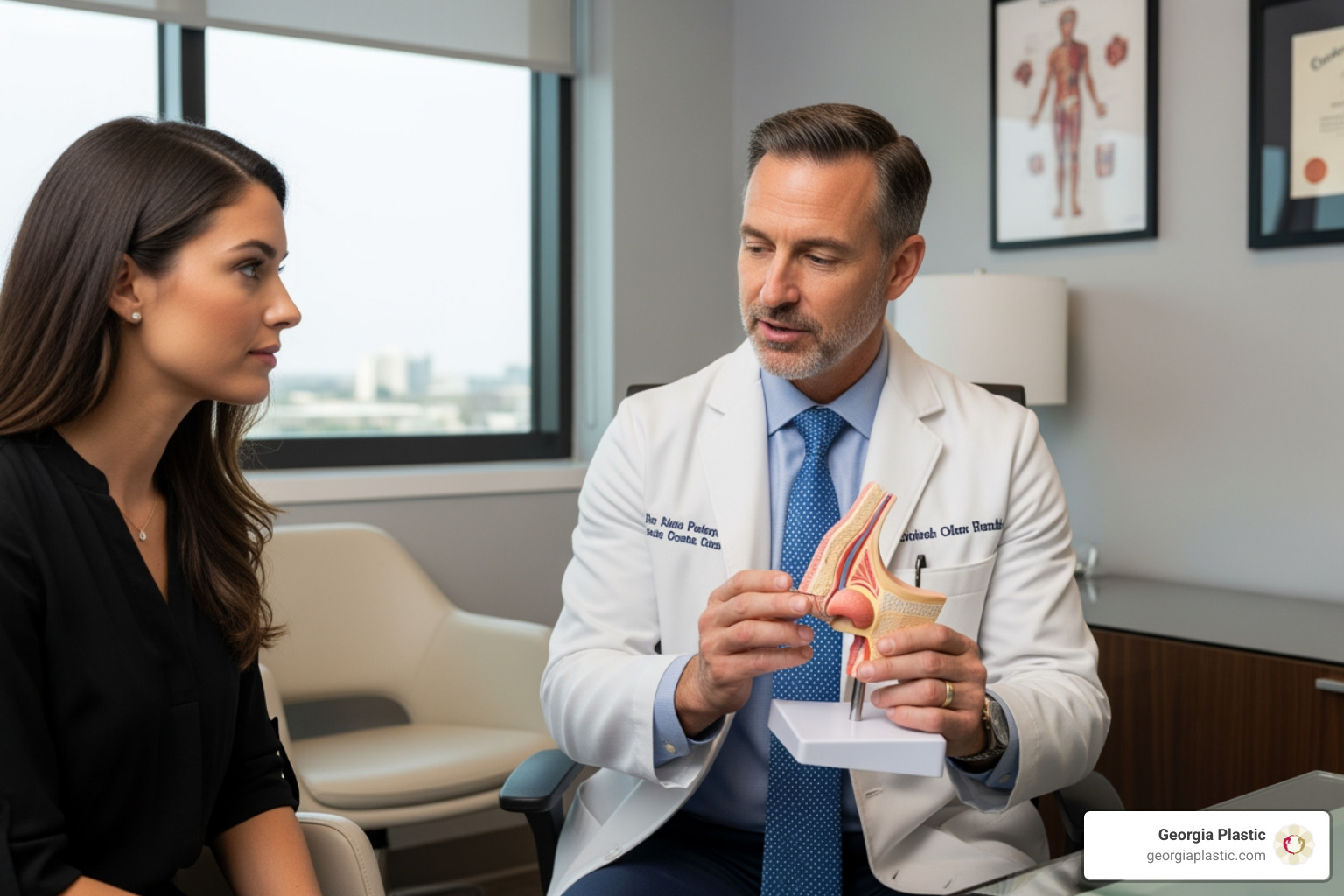 Surgeon explaining the rhinoplasty procedure to a patient using a 3D model - nose job cost in georgia