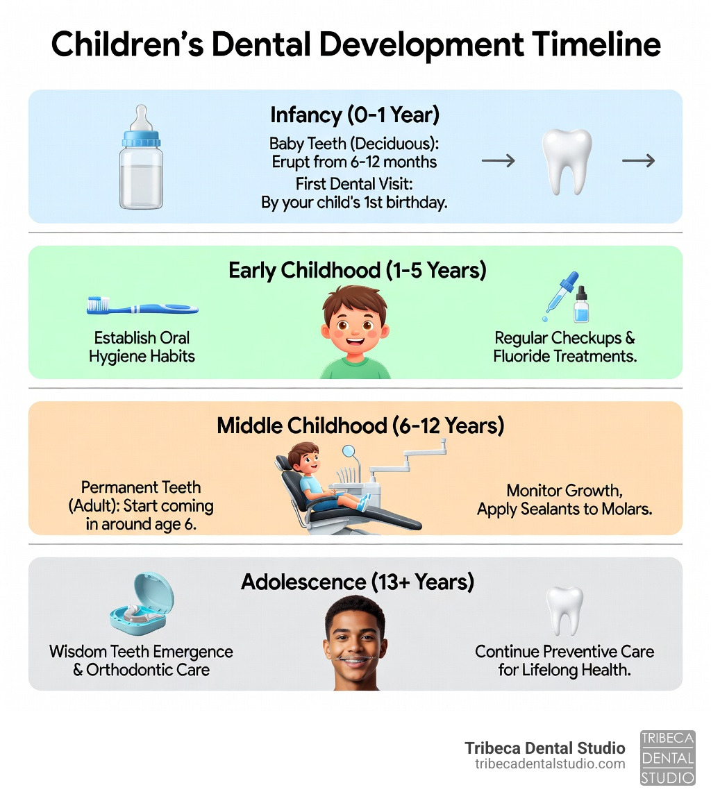 Infographic showing the timeline of children's dental development from infancy through adolescence, including when baby teeth emerge (6-12 months), when to schedule the first dental visit (by age 1), when permanent teeth start coming in (around age 6), and the importance of preventive care at each stage including cleanings, fluoride treatments, and sealants - pediatric dentist near me infographic 