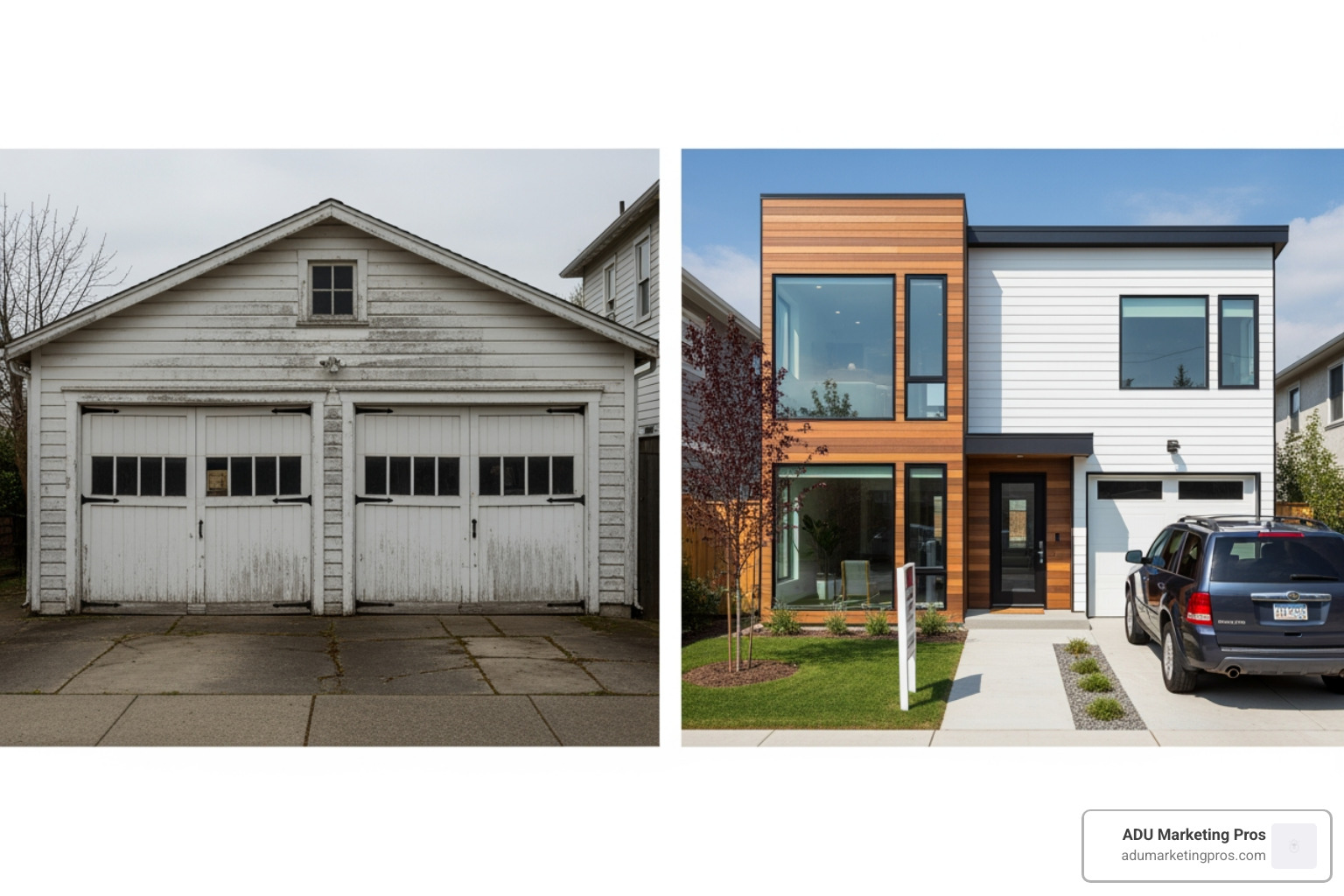 detached two-car garage before and after conversion into a sleek modern ADU - Garage ADU conversions