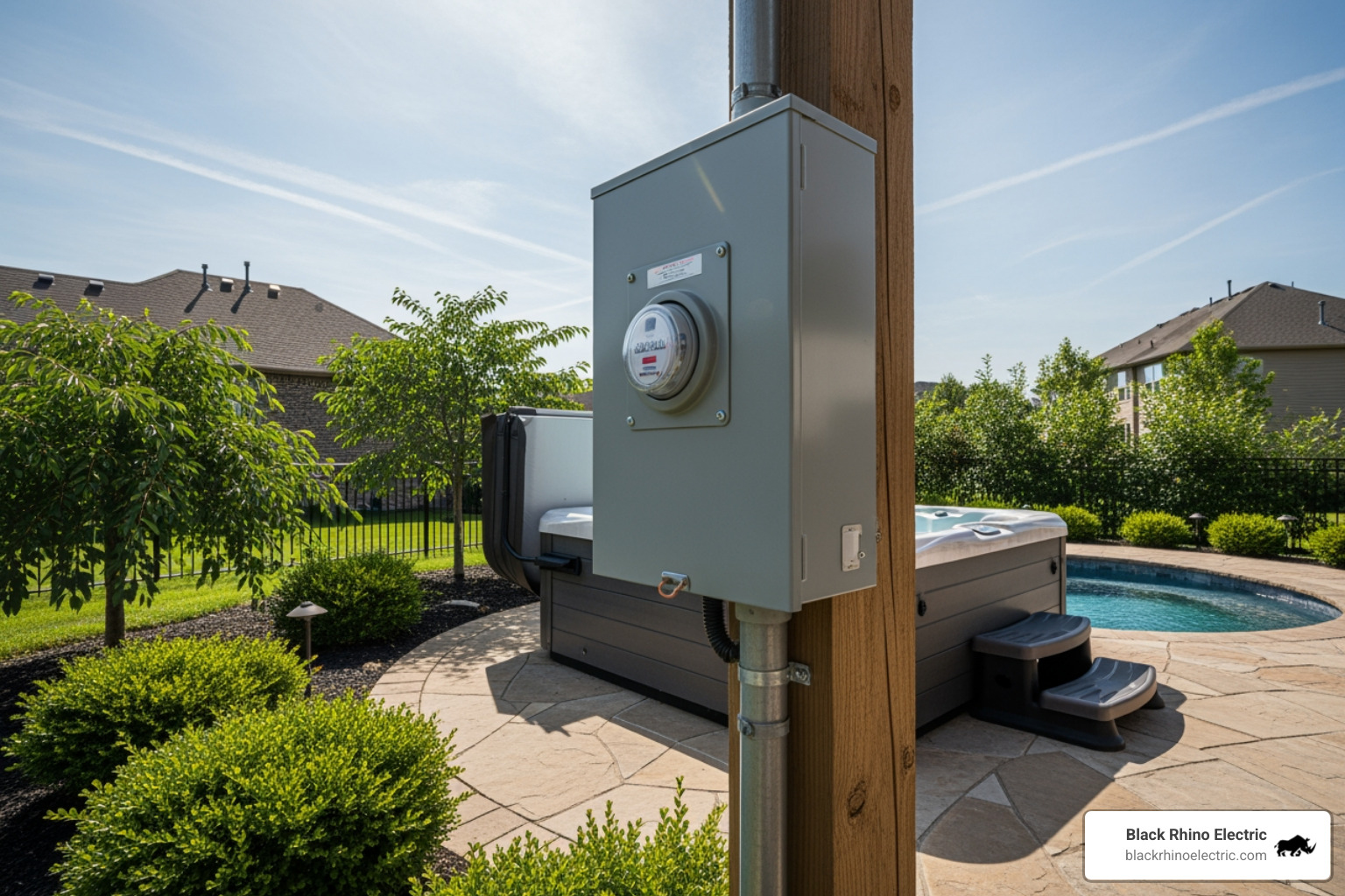 outdoor electrical disconnect box installed on a post near a hot tub - Hot tub power supply