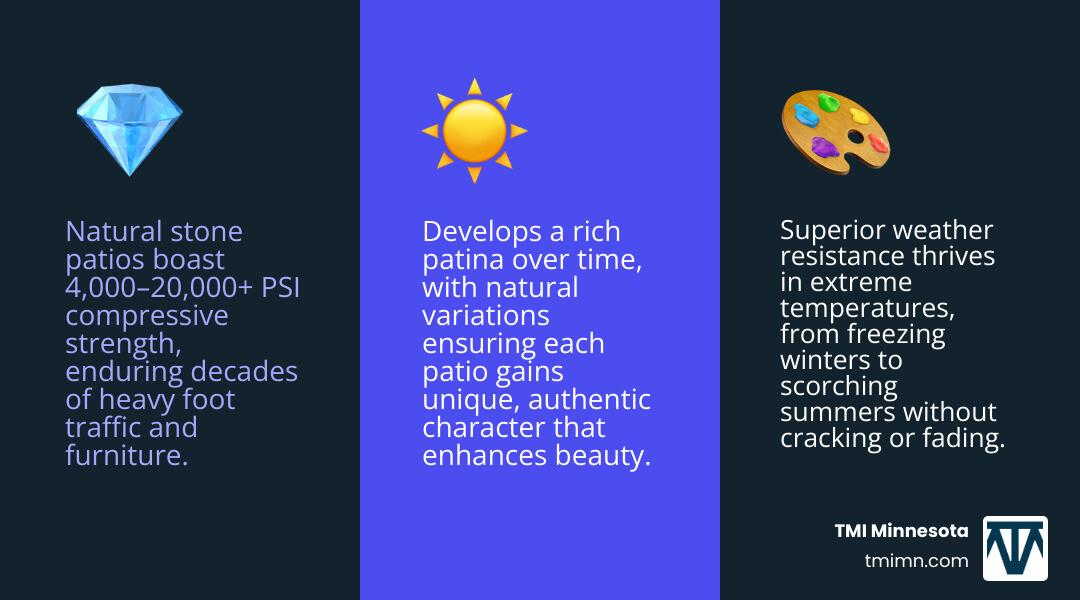 infographic showing natural stone patio benefits: 80% ROI, 4000-20000 PSI strength, weather resistant in extreme temperatures, develops attractive patina over time, requires minimal maintenance with sweeping and occasional sealing, available in multiple stone types including flagstone bluestone granite limestone, suitable for modern rustic and traditional design styles - Natural stone patios infographic 3_facts_emoji_blue