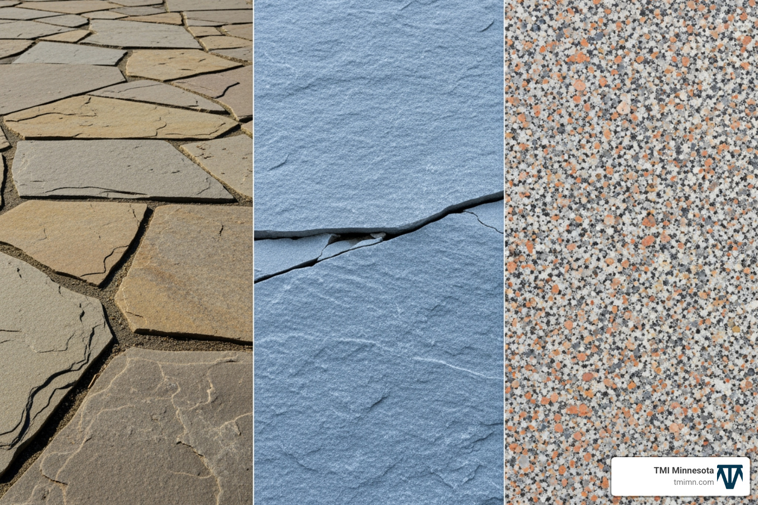 comparison of natural stone textures: irregular flagstone, blue-grey bluestone, and speckled granite - Natural stone patios